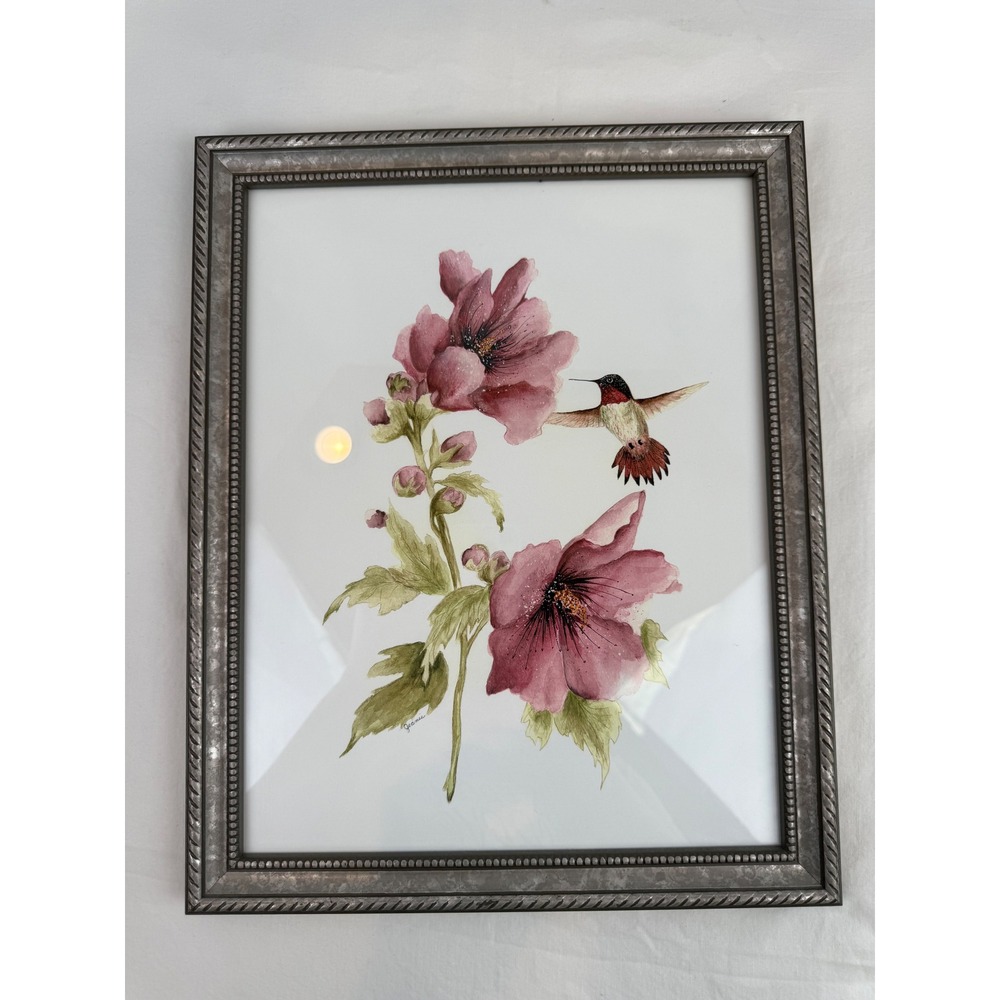 Original Signed Hummingbird and Pink Floral Watercolor Art Framed Cottage Galler